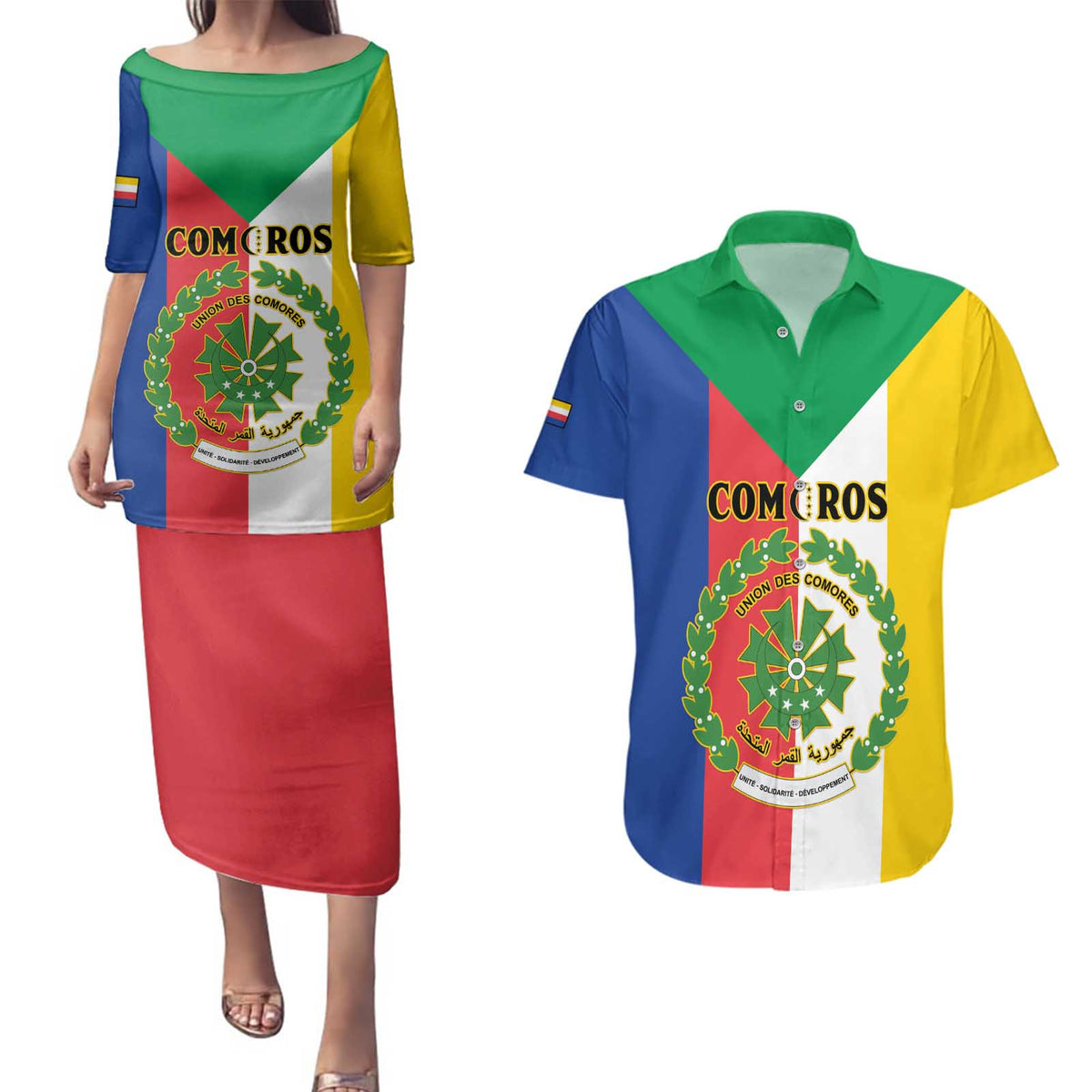 Comoros Couples Matching Puletasi and Hawaiian Shirt Coat Of Arms Flag Style