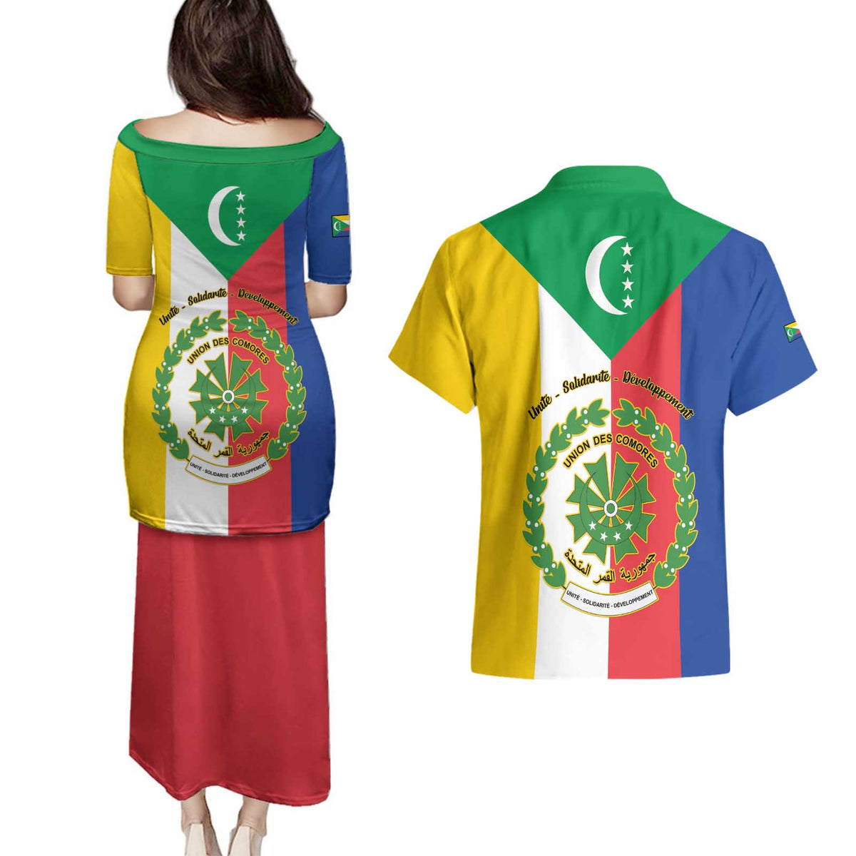 Comoros Couples Matching Puletasi and Hawaiian Shirt Coat Of Arms Flag Style