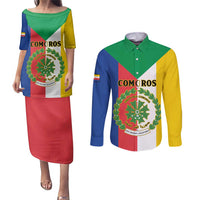 Comoros Couples Matching Puletasi and Long Sleeve Button Shirt Coat Of Arms Flag Style
