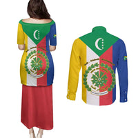 Comoros Couples Matching Puletasi and Long Sleeve Button Shirt Coat Of Arms Flag Style