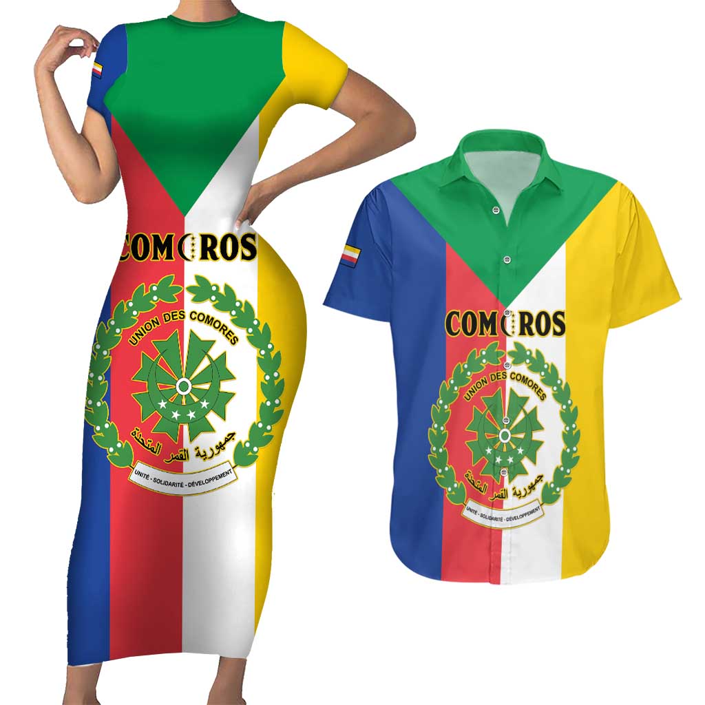 Comoros Couples Matching Short Sleeve Bodycon Dress and Hawaiian Shirt Coat Of Arms Flag Style