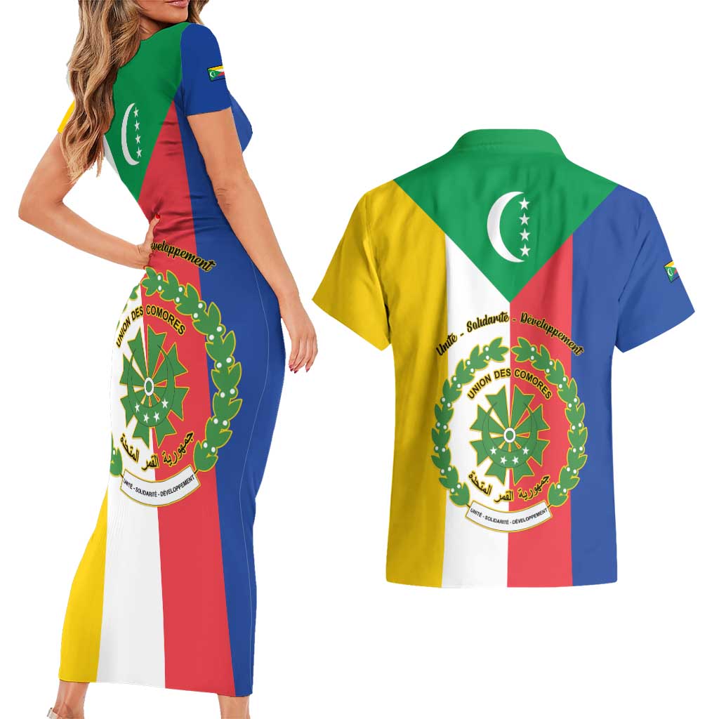 Comoros Couples Matching Short Sleeve Bodycon Dress and Hawaiian Shirt Coat Of Arms Flag Style