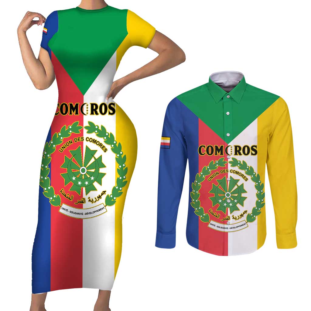 Comoros Couples Matching Short Sleeve Bodycon Dress and Long Sleeve Button Shirt Coat Of Arms Flag Style