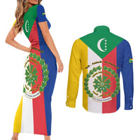 Comoros Couples Matching Short Sleeve Bodycon Dress and Long Sleeve Button Shirt Coat Of Arms Flag Style