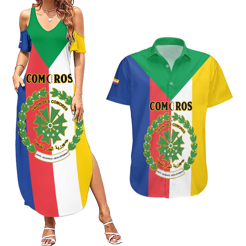 Comoros Couples Matching Summer Maxi Dress and Hawaiian Shirt Coat Of Arms Flag Style
