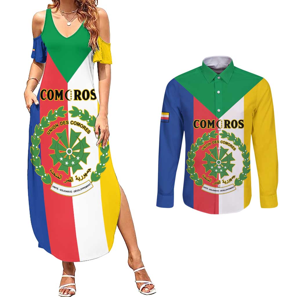 Comoros Couples Matching Summer Maxi Dress and Long Sleeve Button Shirt Coat Of Arms Flag Style