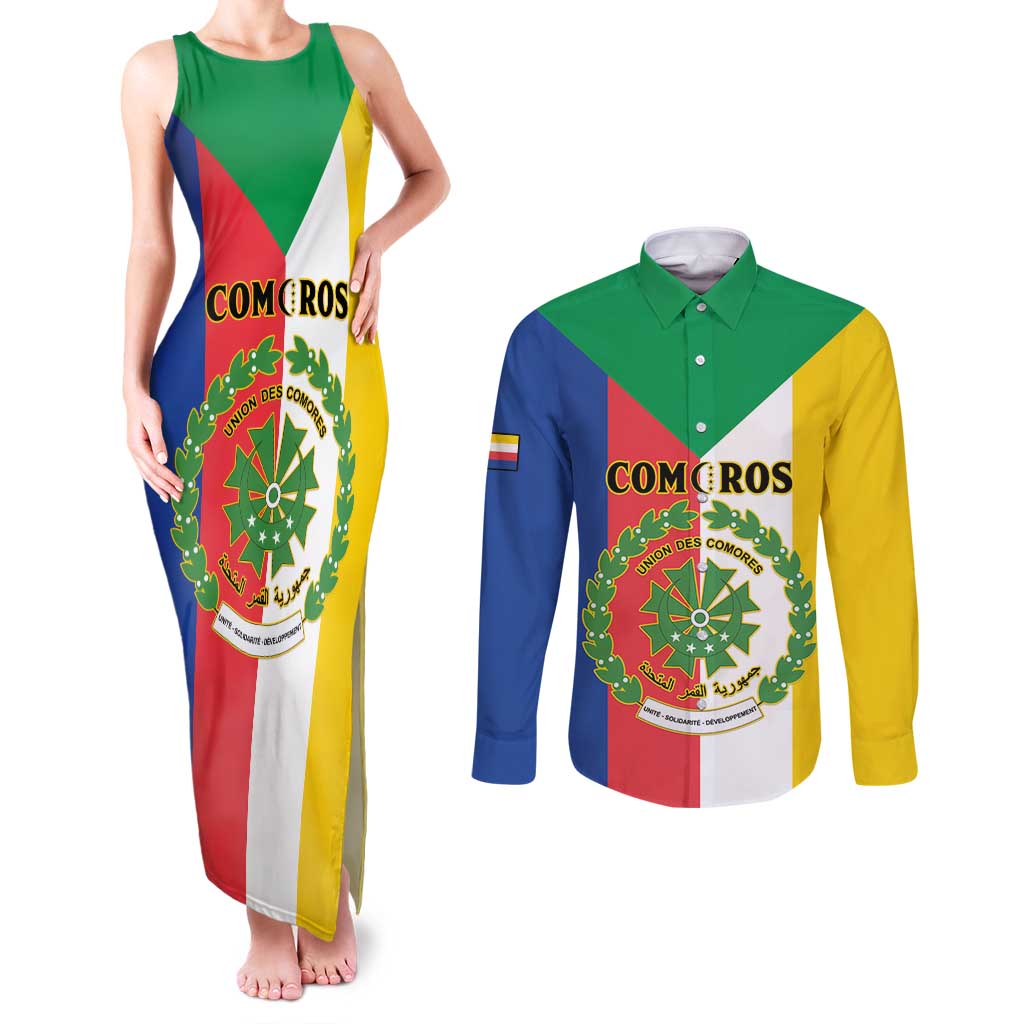 Comoros Couples Matching Tank Maxi Dress and Long Sleeve Button Shirt Coat Of Arms Flag Style