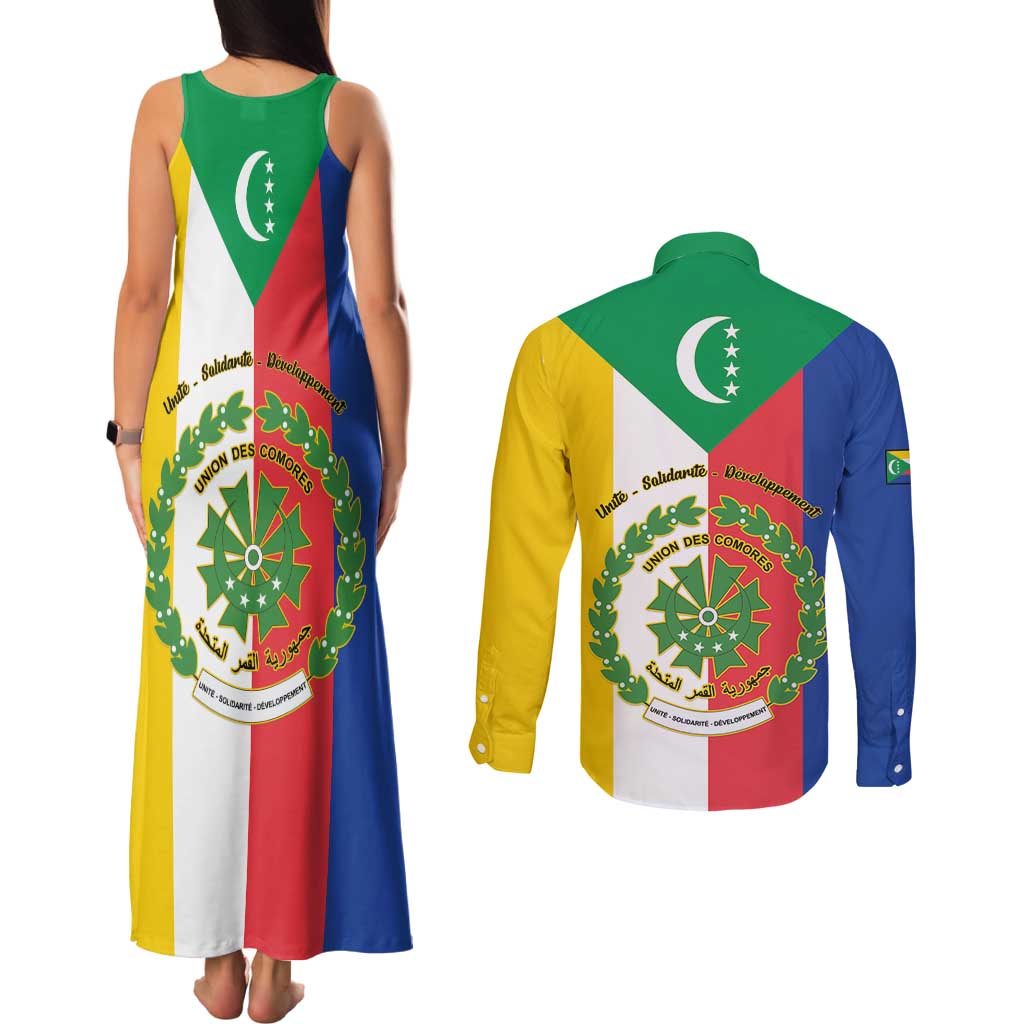 Comoros Couples Matching Tank Maxi Dress and Long Sleeve Button Shirt Coat Of Arms Flag Style