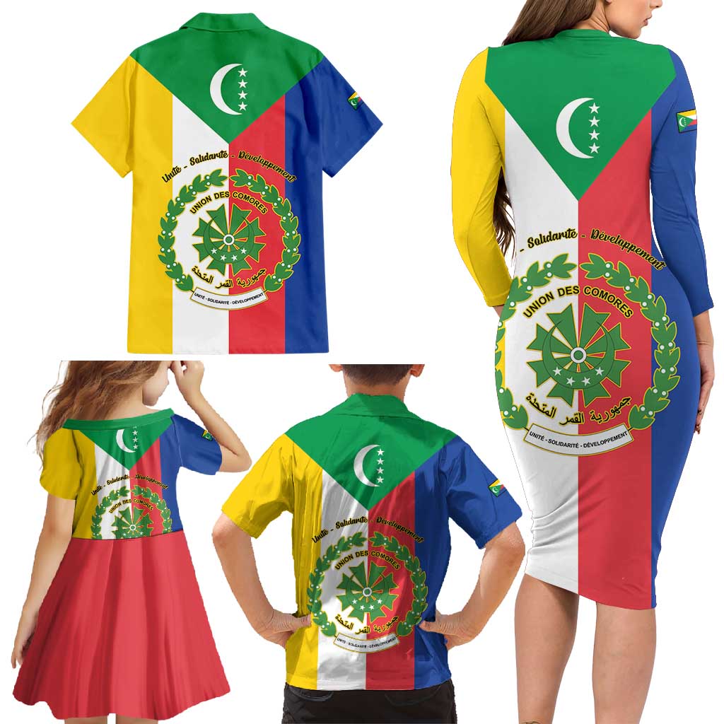 Comoros Family Matching Long Sleeve Bodycon Dress and Hawaiian Shirt Coat Of Arms Flag Style