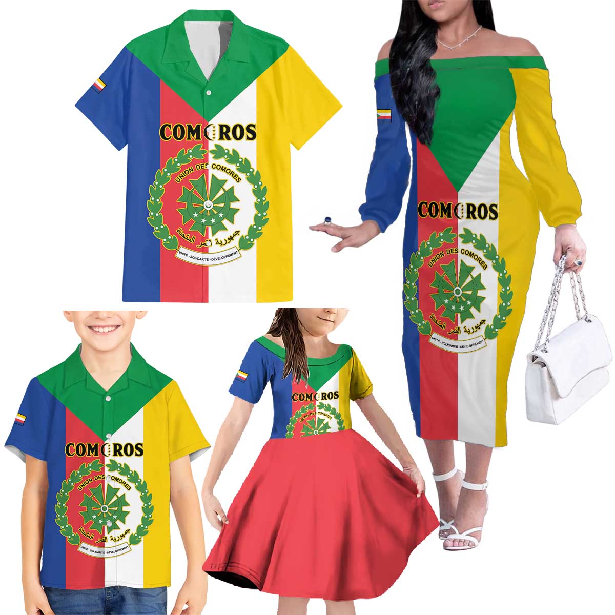 Comoros Family Matching Off The Shoulder Long Sleeve Dress and Hawaiian Shirt Coat Of Arms Flag Style
