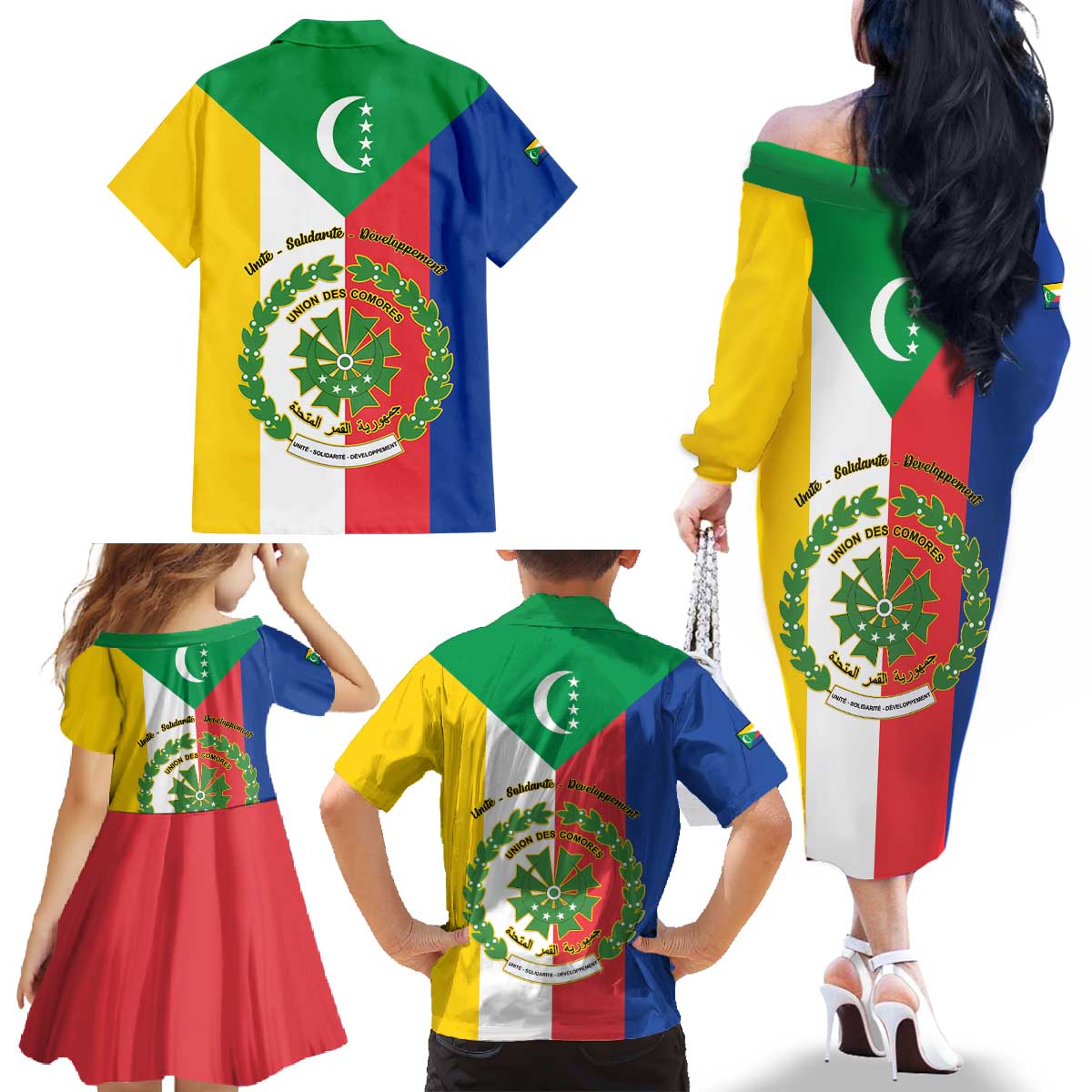 Comoros Family Matching Off The Shoulder Long Sleeve Dress and Hawaiian Shirt Coat Of Arms Flag Style