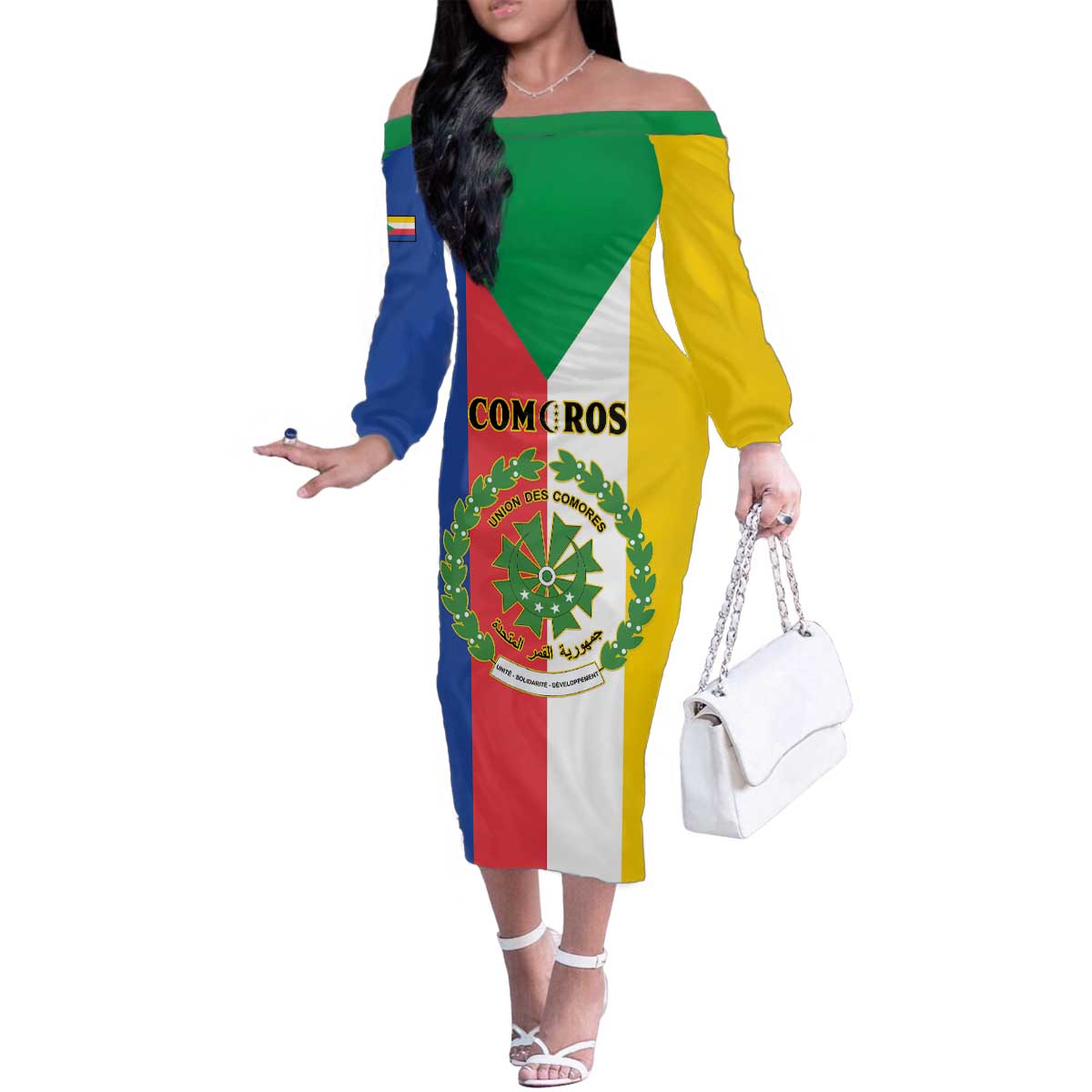 Comoros Family Matching Off The Shoulder Long Sleeve Dress and Hawaiian Shirt Coat Of Arms Flag Style