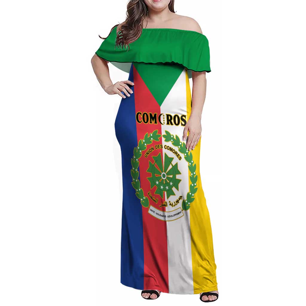 Comoros Family Matching Off Shoulder Maxi Dress and Hawaiian Shirt Coat Of Arms Flag Style