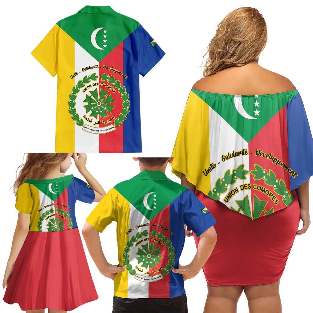 Comoros Family Matching Off Shoulder Short Dress and Hawaiian Shirt Coat Of Arms Flag Style
