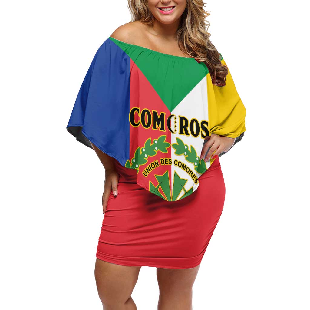 Comoros Family Matching Off Shoulder Short Dress and Hawaiian Shirt Coat Of Arms Flag Style