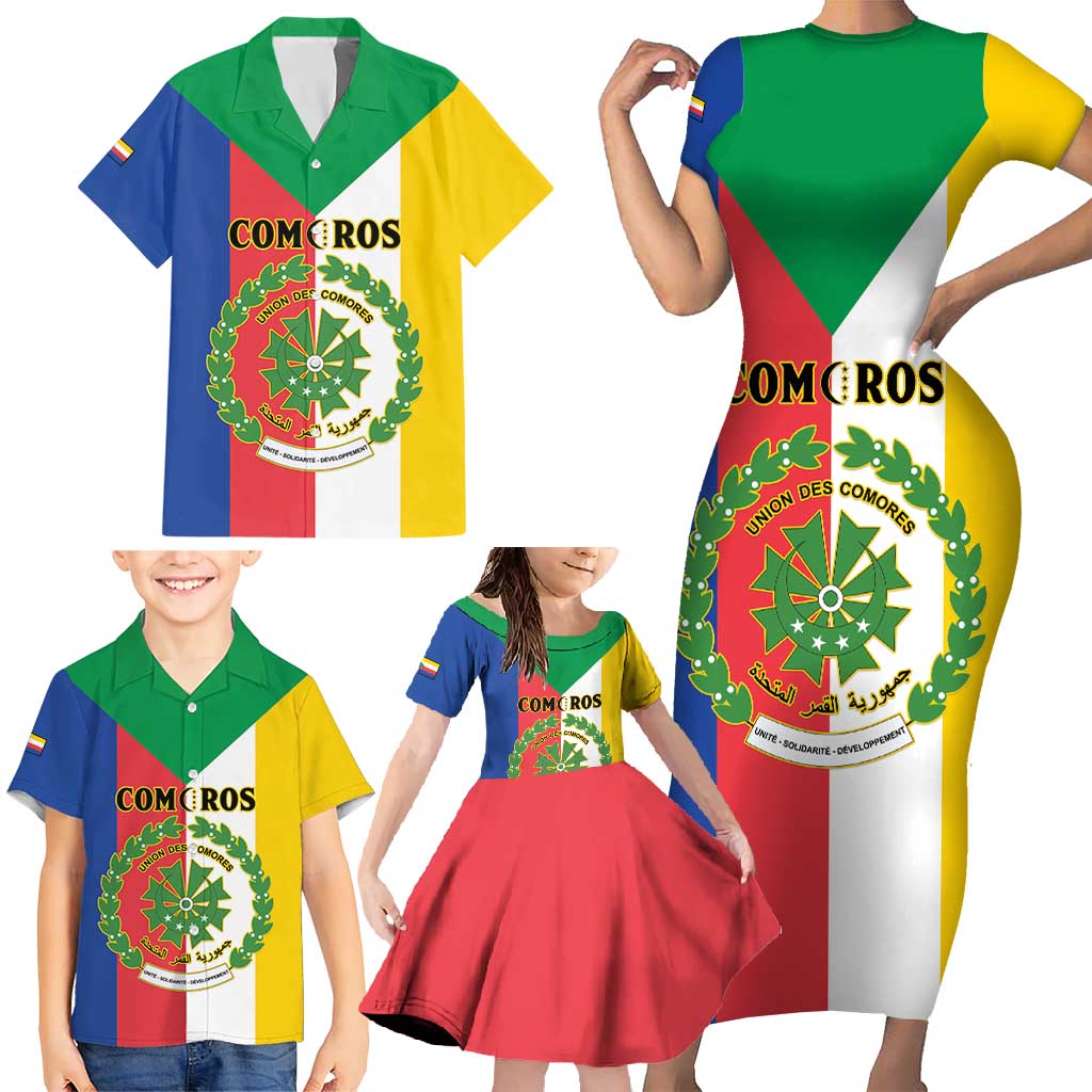 Comoros Family Matching Short Sleeve Bodycon Dress and Hawaiian Shirt Coat Of Arms Flag Style