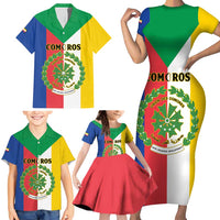 Comoros Family Matching Short Sleeve Bodycon Dress and Hawaiian Shirt Coat Of Arms Flag Style