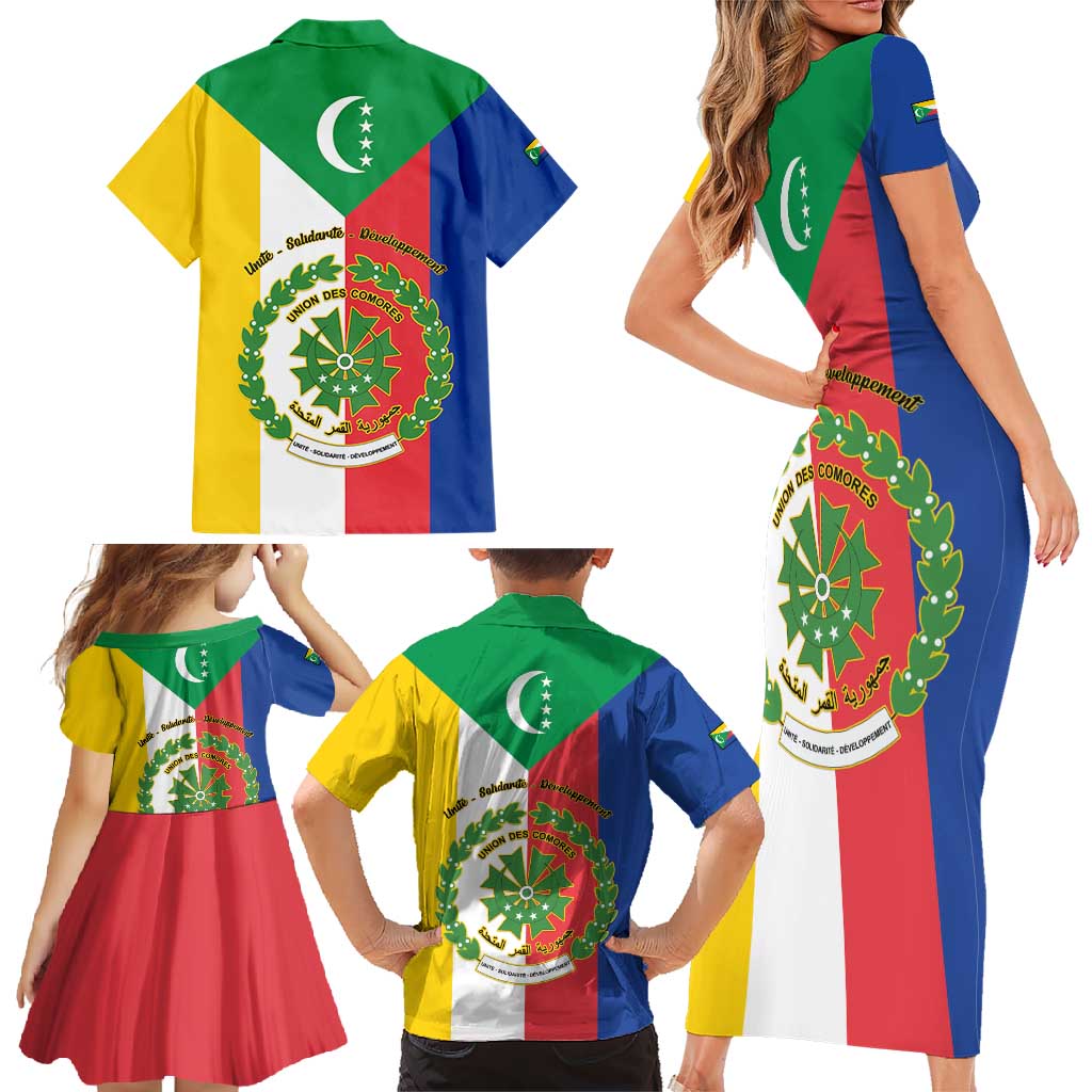 Comoros Family Matching Short Sleeve Bodycon Dress and Hawaiian Shirt Coat Of Arms Flag Style