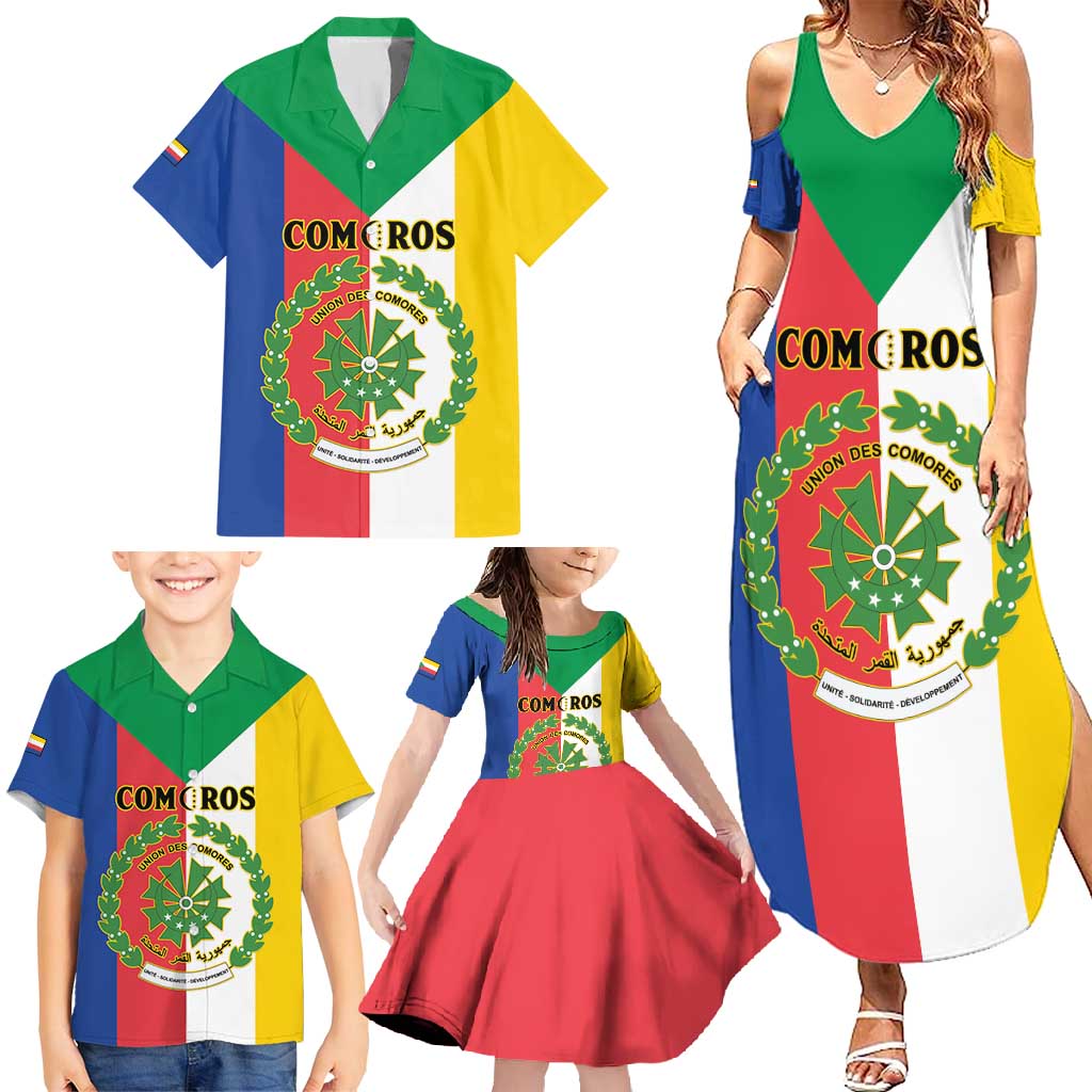 Comoros Family Matching Summer Maxi Dress and Hawaiian Shirt Coat Of Arms Flag Style