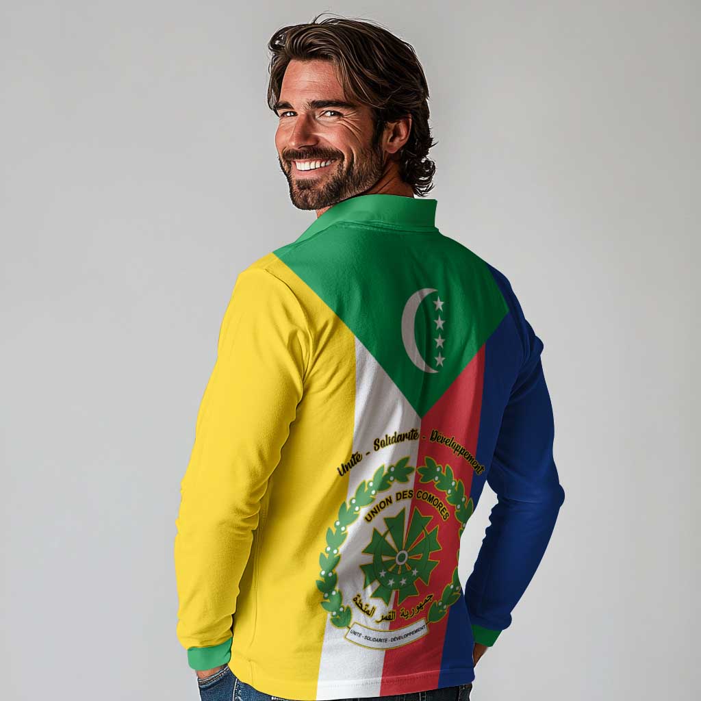 Comoros Long Sleeve Polo Shirt Coat Of Arms Flag Style