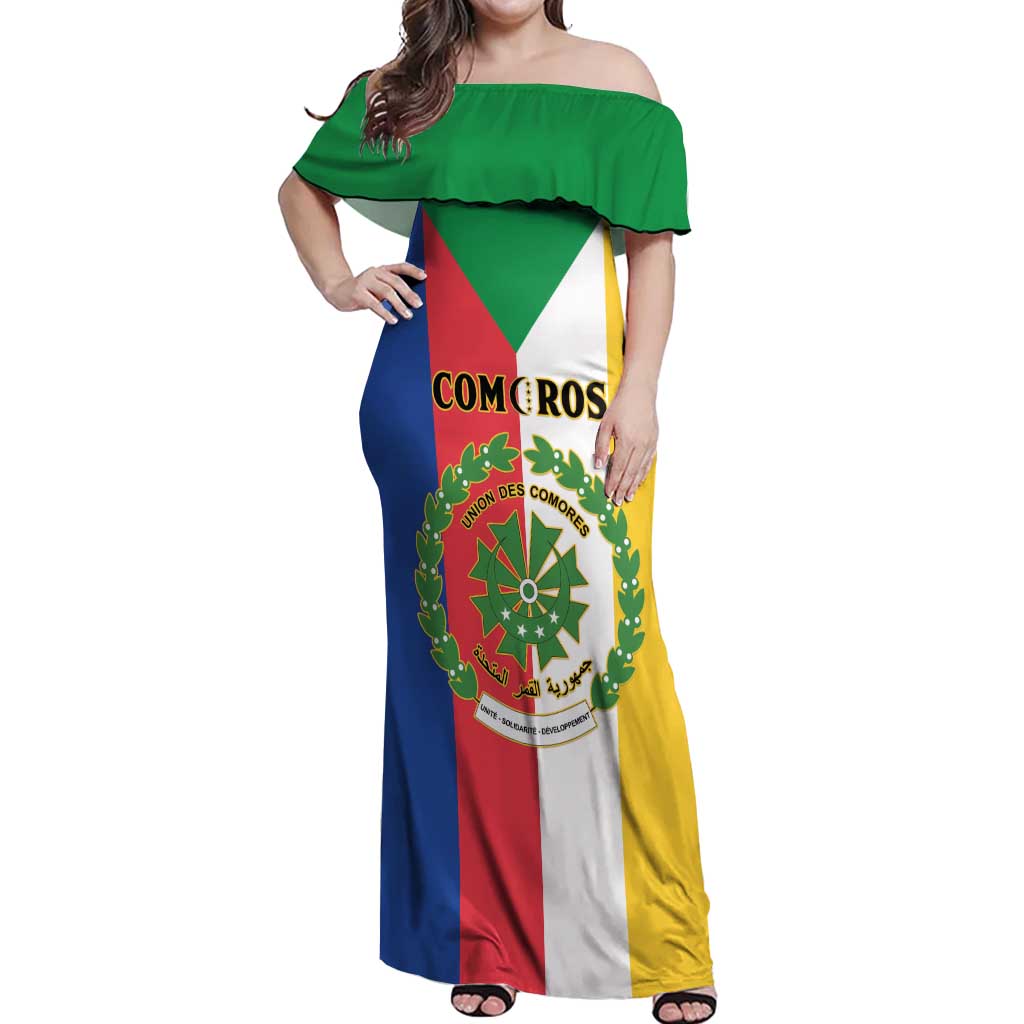 Comoros Off Shoulder Maxi Dress Coat Of Arms Flag Style