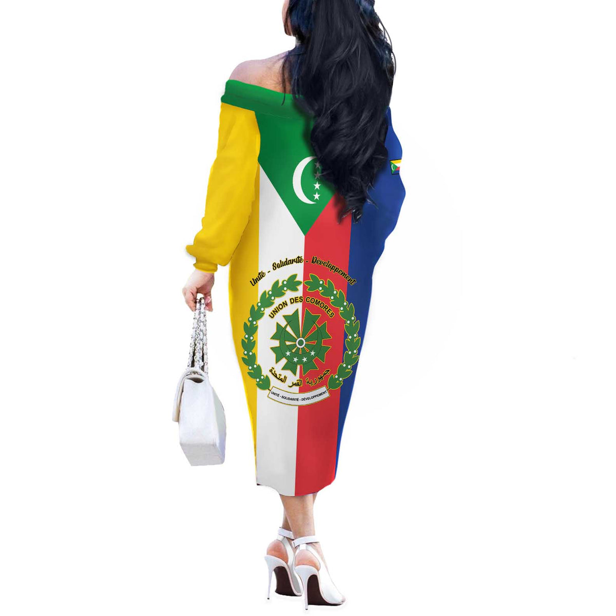 Comoros Off The Shoulder Long Sleeve Dress Coat Of Arms Flag Style