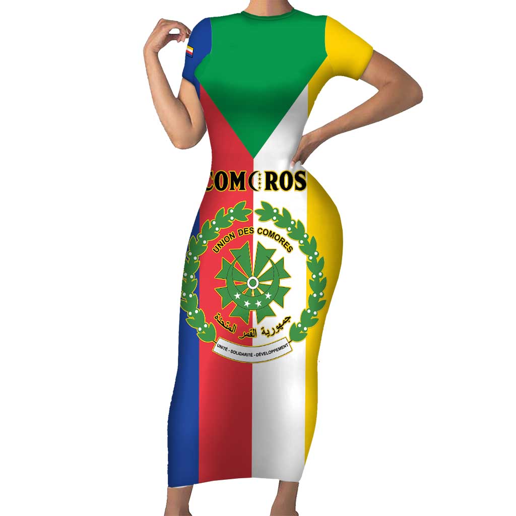 Comoros Short Sleeve Bodycon Dress Coat Of Arms Flag Style