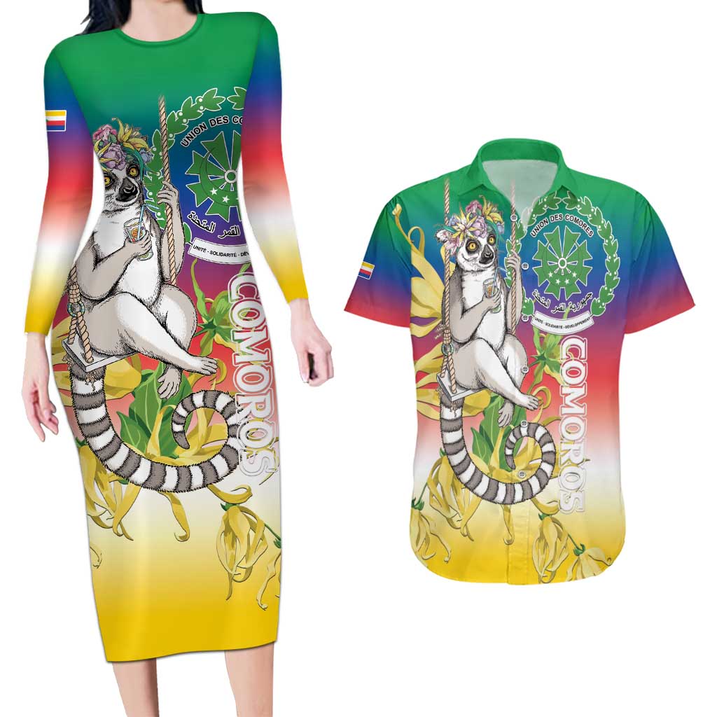 Comoros Mongoose Lemur Couples Matching Long Sleeve Bodycon Dress and Hawaiian Shirt Coat Of Arms With Ylang Ylang