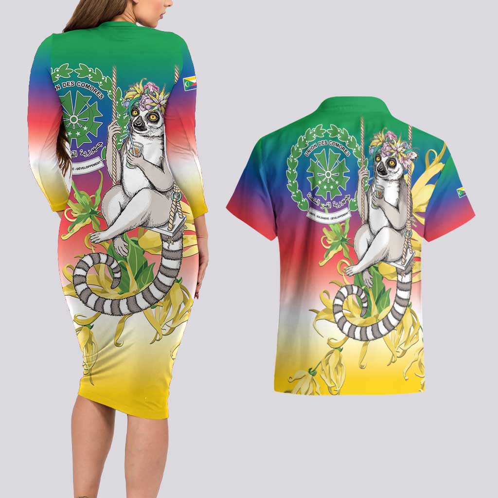 Comoros Mongoose Lemur Couples Matching Long Sleeve Bodycon Dress and Hawaiian Shirt Coat Of Arms With Ylang Ylang
