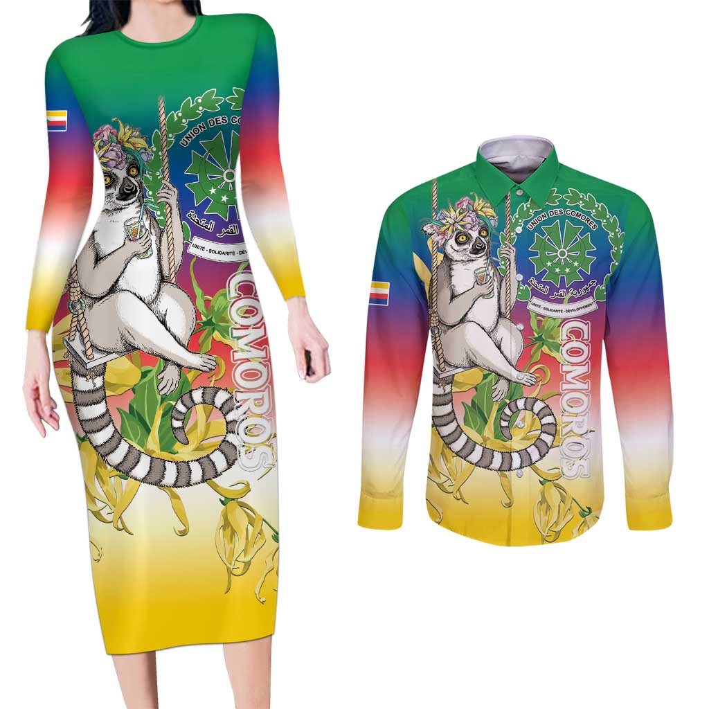 Comoros Mongoose Lemur Couples Matching Long Sleeve Bodycon Dress and Long Sleeve Button Shirt Coat Of Arms With Ylang Ylang