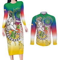 Comoros Mongoose Lemur Couples Matching Long Sleeve Bodycon Dress and Long Sleeve Button Shirt Coat Of Arms With Ylang Ylang