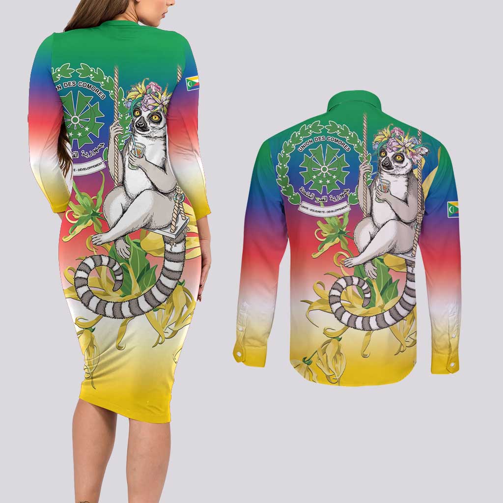 Comoros Mongoose Lemur Couples Matching Long Sleeve Bodycon Dress and Long Sleeve Button Shirt Coat Of Arms With Ylang Ylang