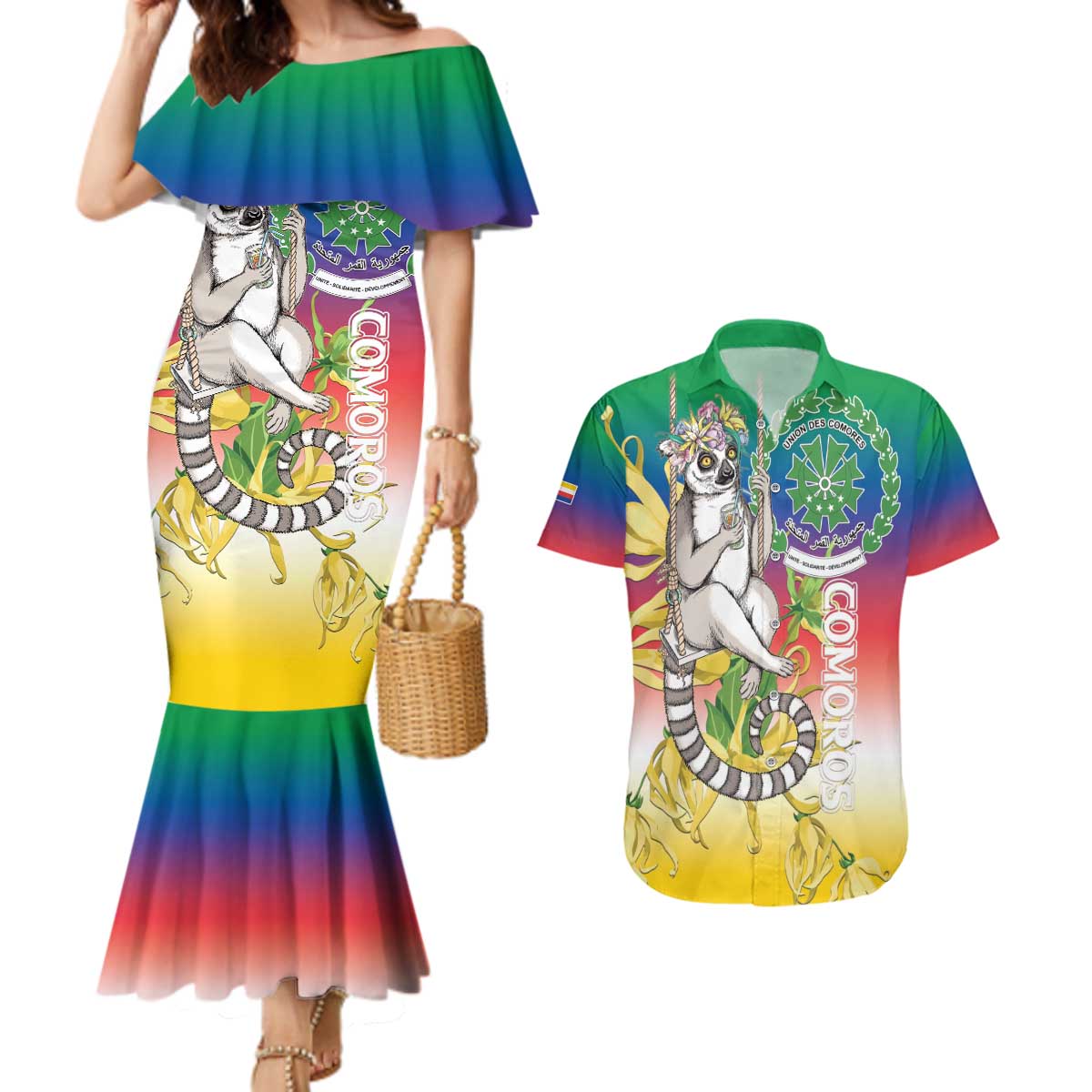 Comoros Mongoose Lemur Couples Matching Mermaid Dress and Hawaiian Shirt Coat Of Arms With Ylang Ylang