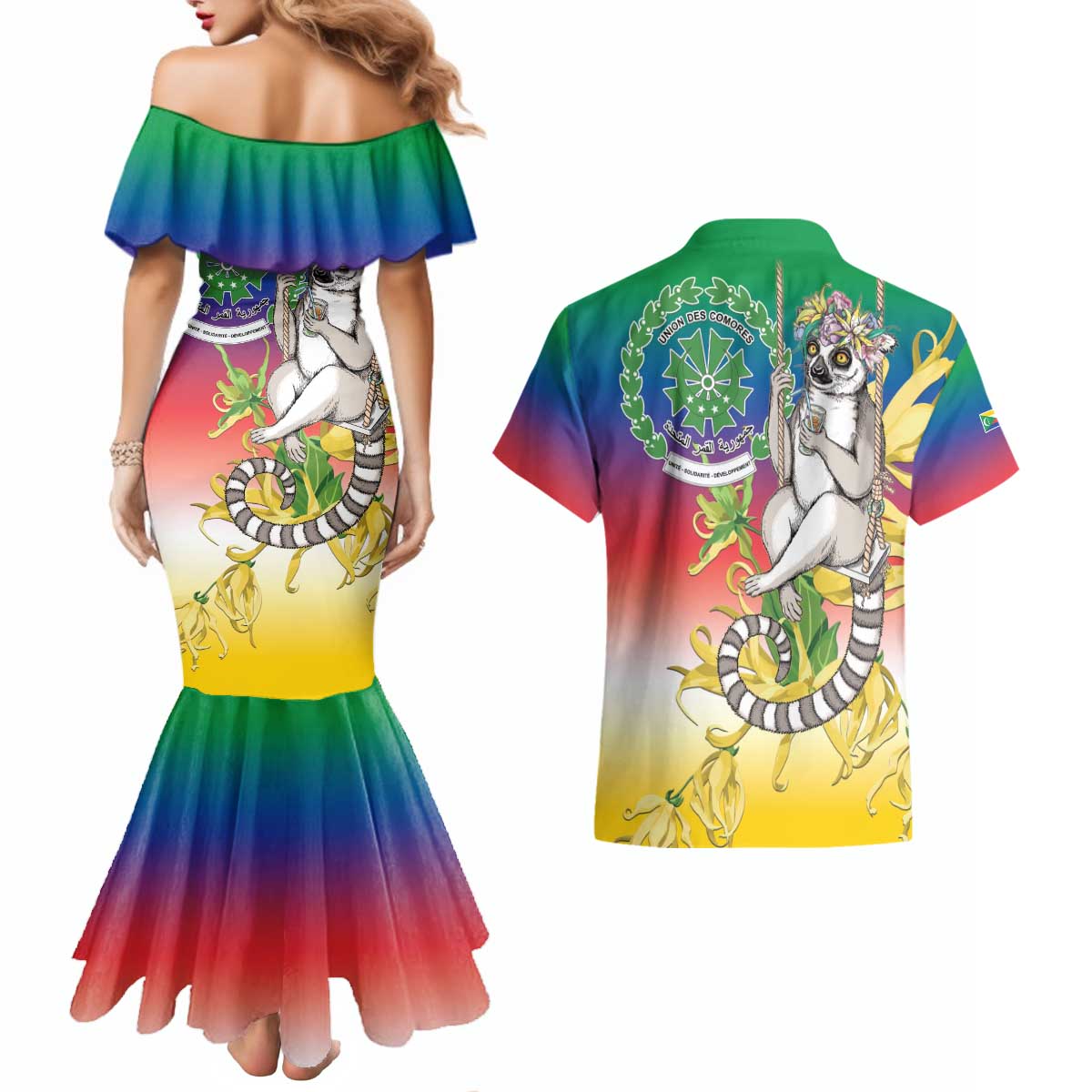 Comoros Mongoose Lemur Couples Matching Mermaid Dress and Hawaiian Shirt Coat Of Arms With Ylang Ylang