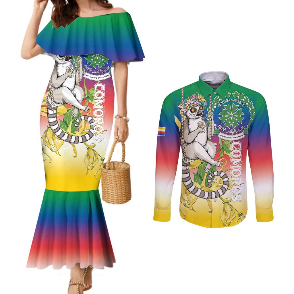 Comoros Mongoose Lemur Couples Matching Mermaid Dress and Long Sleeve Button Shirt Coat Of Arms With Ylang Ylang