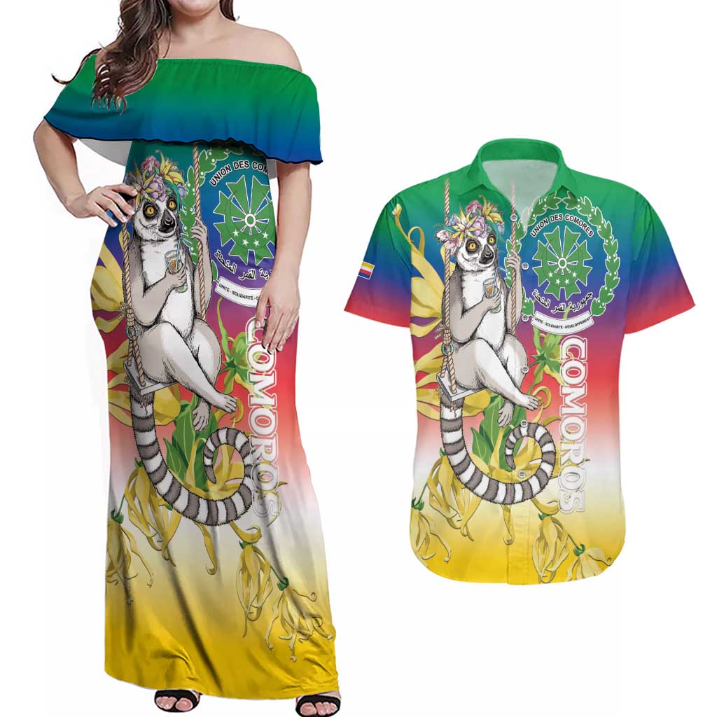 Comoros Mongoose Lemur Couples Matching Off Shoulder Maxi Dress and Hawaiian Shirt Coat Of Arms With Ylang Ylang