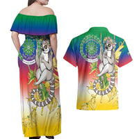 Comoros Mongoose Lemur Couples Matching Off Shoulder Maxi Dress and Hawaiian Shirt Coat Of Arms With Ylang Ylang