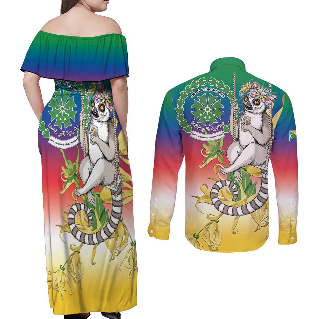 Comoros Mongoose Lemur Couples Matching Off Shoulder Maxi Dress and Long Sleeve Button Shirt Coat Of Arms With Ylang Ylang