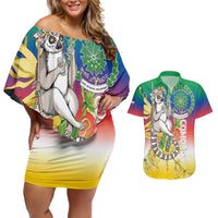 Comoros Mongoose Lemur Couples Matching Off Shoulder Short Dress and Hawaiian Shirt Coat Of Arms With Ylang Ylang