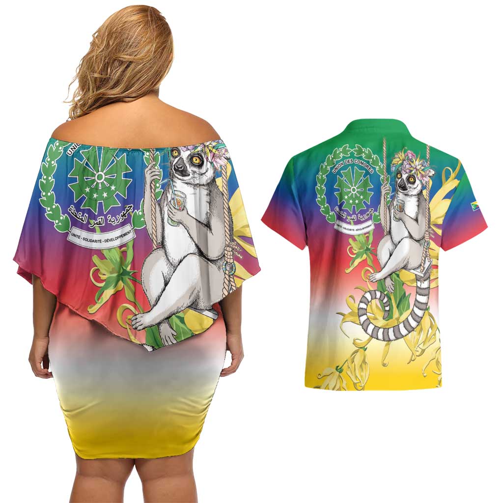 Comoros Mongoose Lemur Couples Matching Off Shoulder Short Dress and Hawaiian Shirt Coat Of Arms With Ylang Ylang