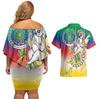 Comoros Mongoose Lemur Couples Matching Off Shoulder Short Dress and Hawaiian Shirt Coat Of Arms With Ylang Ylang