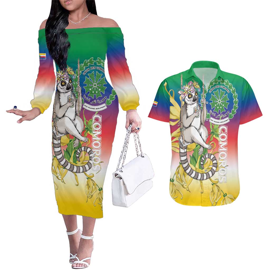 Comoros Mongoose Lemur Couples Matching Off The Shoulder Long Sleeve Dress and Hawaiian Shirt Coat Of Arms With Ylang Ylang