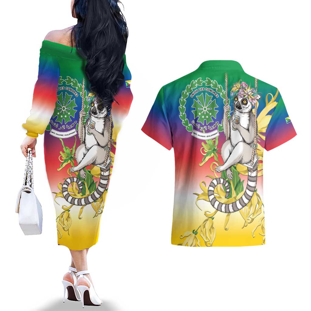 Comoros Mongoose Lemur Couples Matching Off The Shoulder Long Sleeve Dress and Hawaiian Shirt Coat Of Arms With Ylang Ylang