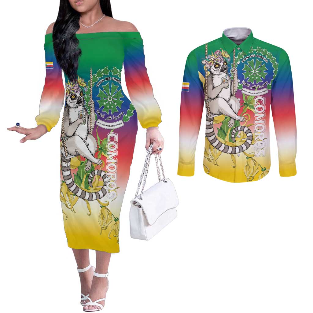 Comoros Mongoose Lemur Couples Matching Off The Shoulder Long Sleeve Dress and Long Sleeve Button Shirt Coat Of Arms With Ylang Ylang