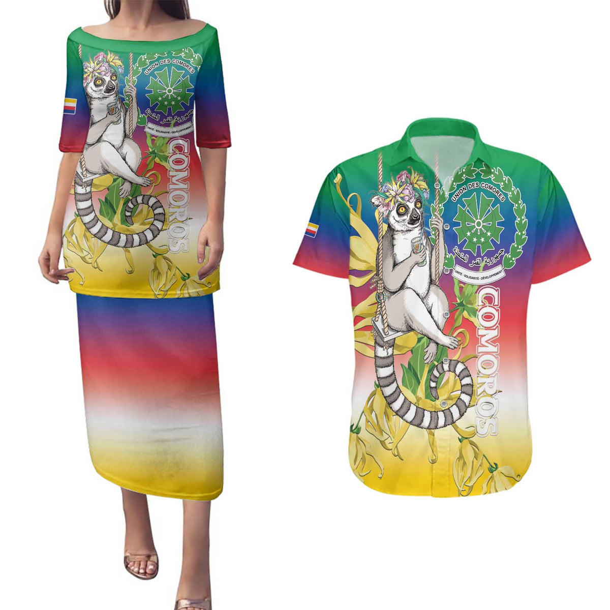 Comoros Mongoose Lemur Couples Matching Puletasi and Hawaiian Shirt Coat Of Arms With Ylang Ylang