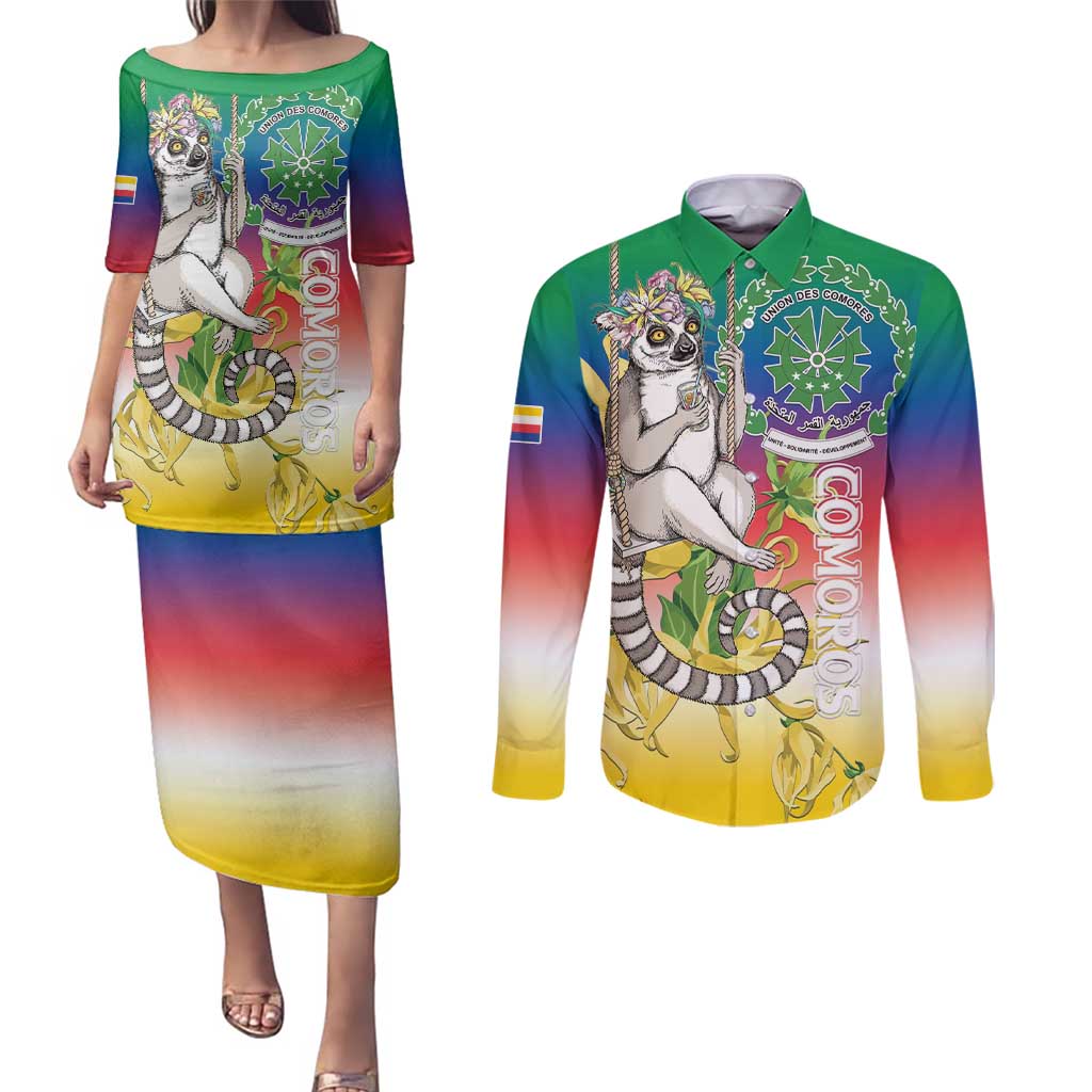 Comoros Mongoose Lemur Couples Matching Puletasi and Long Sleeve Button Shirt Coat Of Arms With Ylang Ylang
