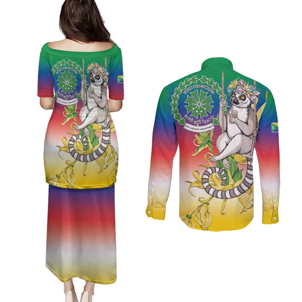 Comoros Mongoose Lemur Couples Matching Puletasi and Long Sleeve Button Shirt Coat Of Arms With Ylang Ylang