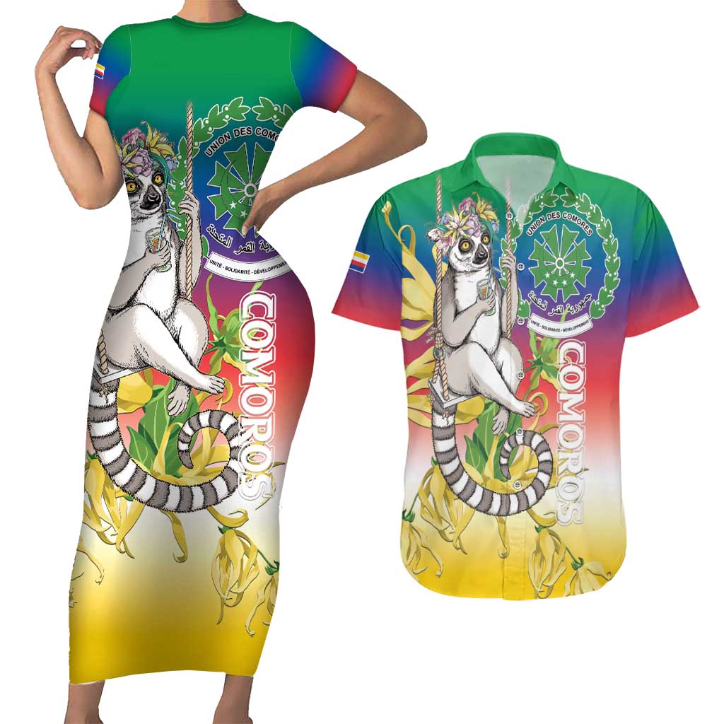 Comoros Mongoose Lemur Couples Matching Short Sleeve Bodycon Dress and Hawaiian Shirt Coat Of Arms With Ylang Ylang