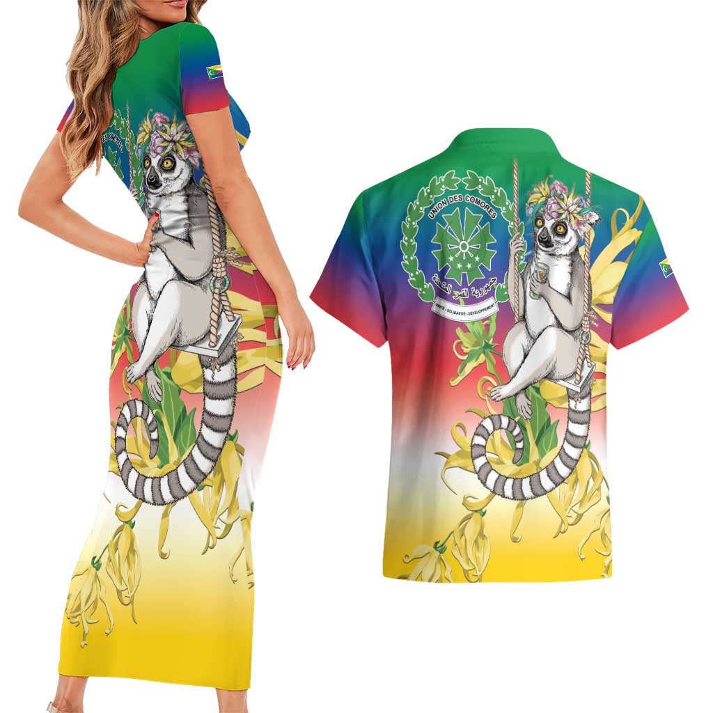 Comoros Mongoose Lemur Couples Matching Short Sleeve Bodycon Dress and Hawaiian Shirt Coat Of Arms With Ylang Ylang