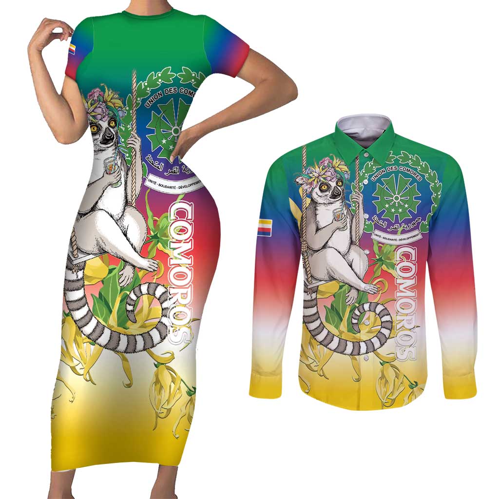Comoros Mongoose Lemur Couples Matching Short Sleeve Bodycon Dress and Long Sleeve Button Shirt Coat Of Arms With Ylang Ylang